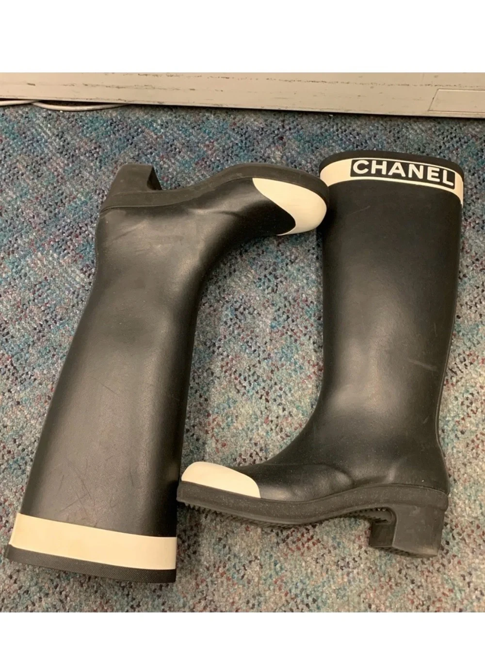 CHANEL Black and Cream Tall Women's Rain Boots